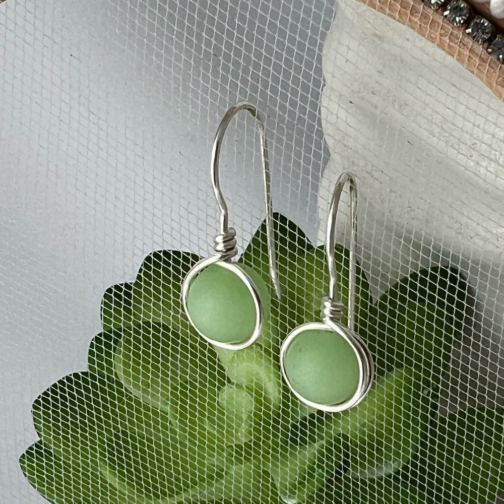 Green Sea Glass Minimalist Wire Wrapped Earrings - Picture 12 of 12